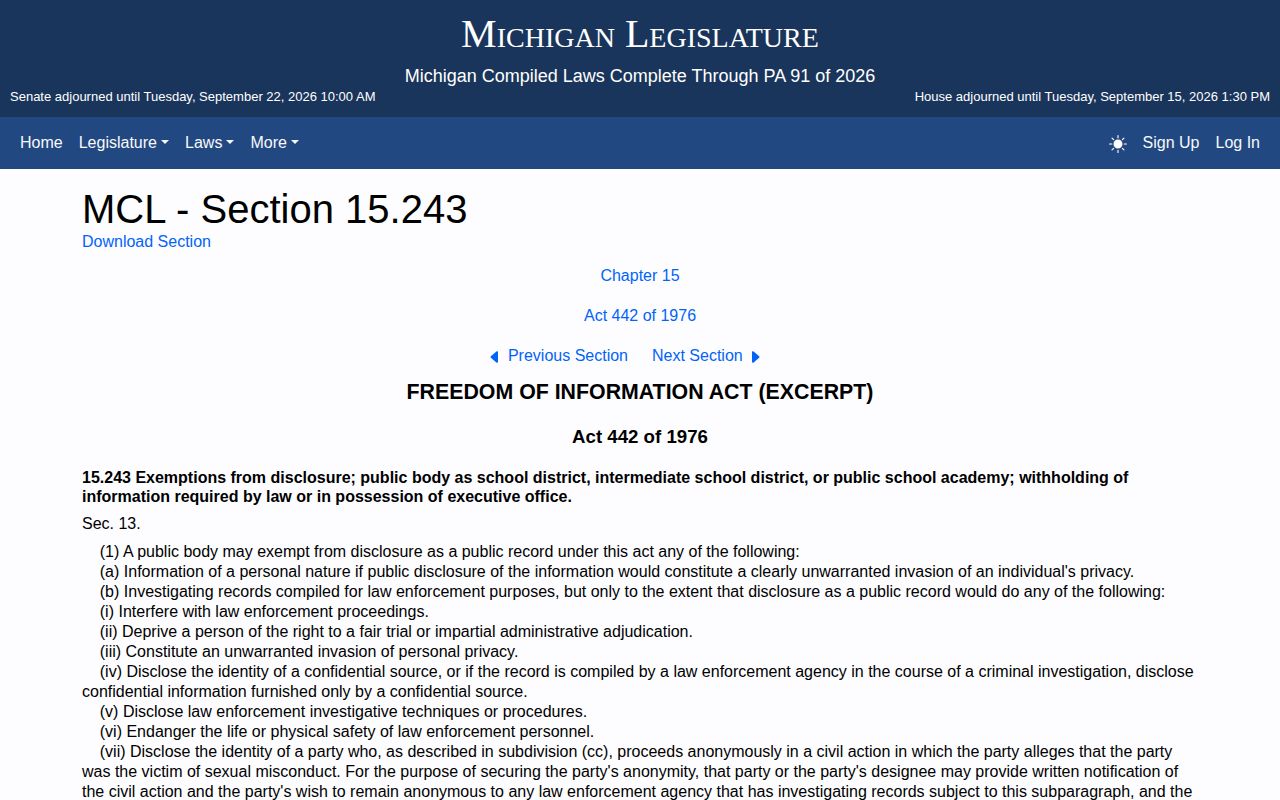 Michigan FOIA exemptions for St. Clair County arrest records