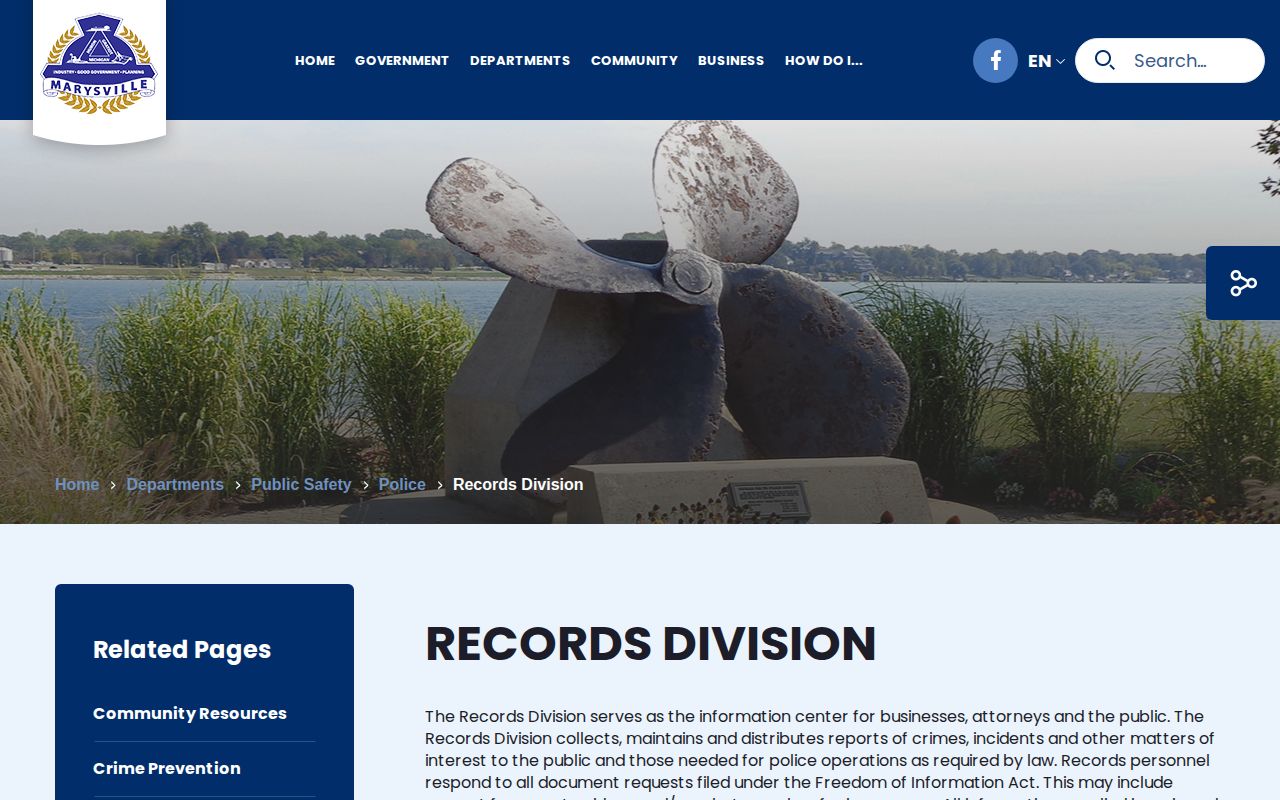 Official Marysville Police Records Division page describing reports photographs video and FOIA requests